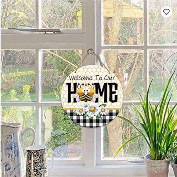 NEW! Farmhouse Honey Bee Welcome Round Wooden Door Wall Sign Buffalo Plaid - Picture 3 of 4